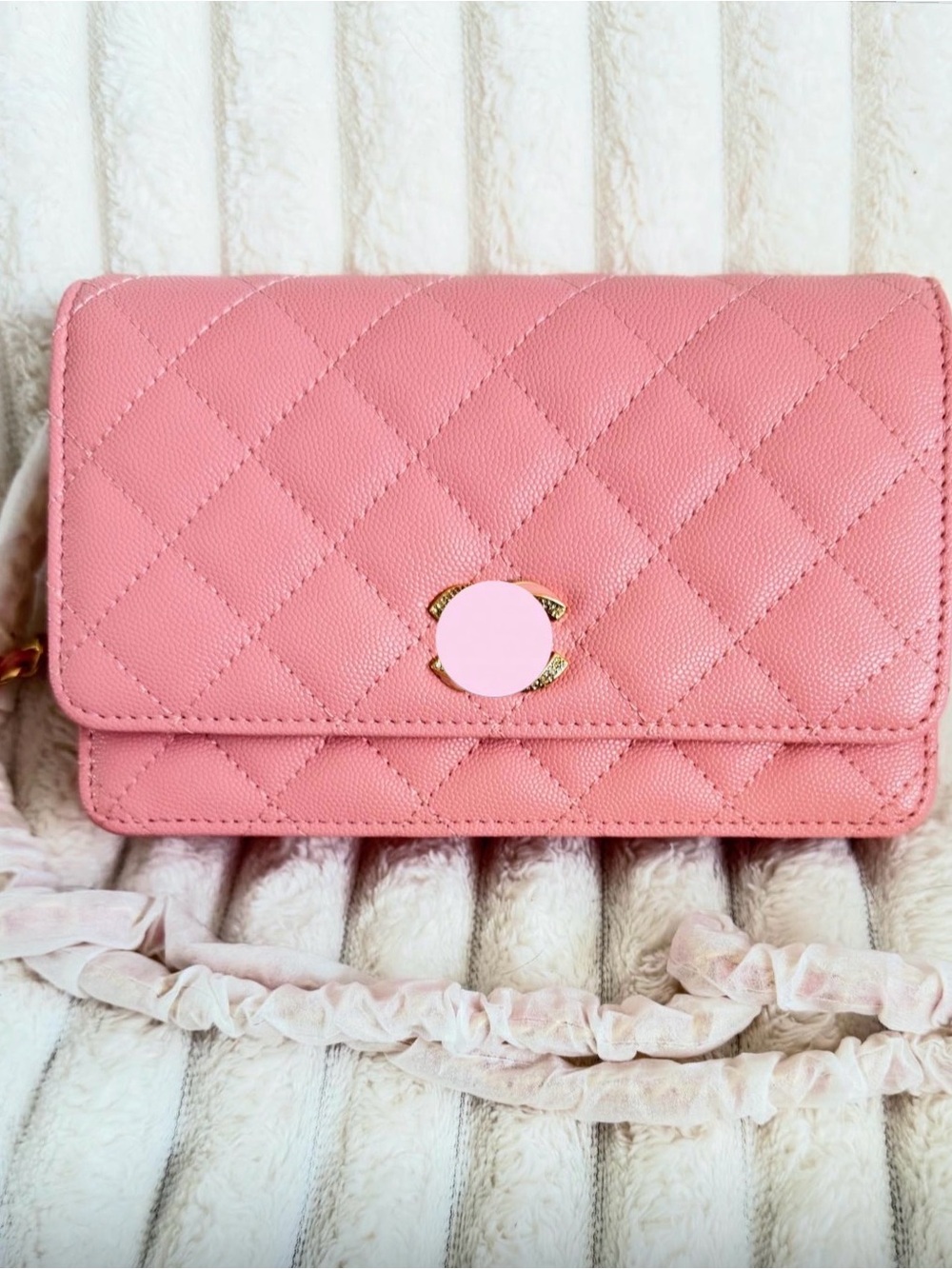 Quilted Pink Wallet on Chain Bag with Gold Accent